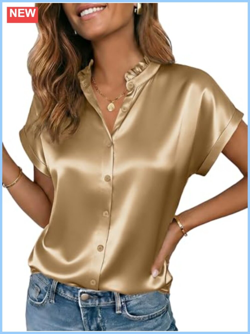 Satin Silk Button Down Shirt Short Sleeve Ruffle Collar Blouse